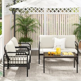 Conjunto de móveis jardim de vime de 4 peças com cadeiras de rattan Almofadas macias Mesa de centro de pátio em vidro temperado Mistura branca