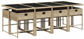 9 pcs conj. jantar jardim c/ almofadões vime PE bege misturado