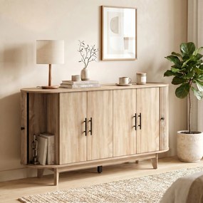 Aparador de sala, móvel de arrumação oval com 4 portas e 2 prateleiras ajustáveis, 147 x 40 x 76 cm, carvalho