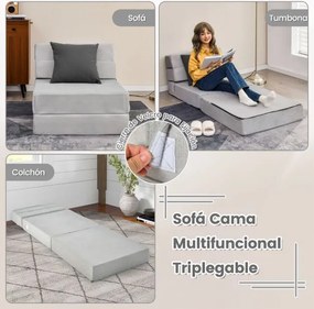 Sofá-cama dobrável 3 em 1 Colchão de espuma de densidade 3 em 1 Cobertura amovível e lavável Cama de hóspedes portátil 190 x 71 x 15 cm Cinzento