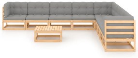 10 pcs conjunto lounge de jardim c/ almofadões pinho maciço