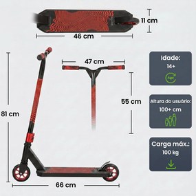 Trotinete Acrobática com Guiador 360° Rolamentos ABEC-9 Rodas de PU de 120 mm Estrutura de Alumínio 66x47x81 cm Vermelho