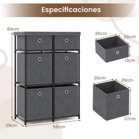 Cómoda com 6 gavetas 58 x 29 x 84 cm, estrutura metálica e cestos de tecido dobráveis para casa, cinza