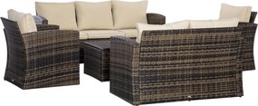 Conjunto de Jardim Exterior de Vime 6 Peças Almofadas Sofá de Dois Lugares Sofá de Três Lugares 2 Cadeiras 2 Mesas Auxiliares Cáqui