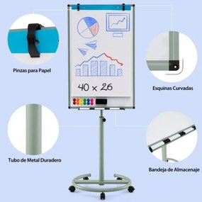 Quadro branco 100 x 65 cm apagável,1 apagador seco, 2 ganchos para papel, 6 marcadores apagáveis e 12 ímanes verdes