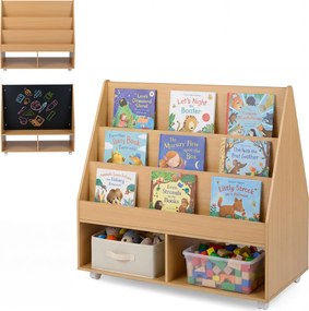 Estante infantil móvel com quadro negro  90 x 45,5 x 87 cm, 3 prateleiras e 2 compartimentos abertos, para arrumação no quarto crianças cor natural