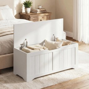 Baú de arrumação de 136 L, 100 x 40 x 45 cm banco com baú com 2 dobradiças de segurança e design sem puxadores, branco