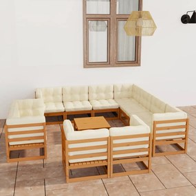 vidaXL 12 pcs conj. lounge jardim almofadões pinho maciço castanho mel