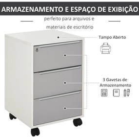 Bloco de Gavetas Móvel de Escritório com 3 Gavetas Fechadura Rodas e Travão para Documentos 40x40x63,5 cm Branco e Cinza