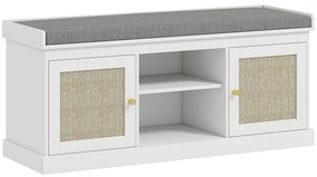 Banco Sapateira com Assento Acolchoado Portas em Vime e Prateleira Aberta para 9 Pares de Sapatos 105x35x47 cm Branco