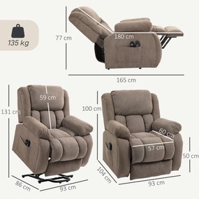 Poltrona Elevatória Elétrica Massagem e Aquecimento Apoio para Pés Encosto Reclinável Controle Remoto 93x104x100 cm Castanho