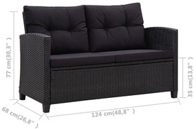 Sofá de jardim 2 lugares com almofadões 124 cm vime PE preto