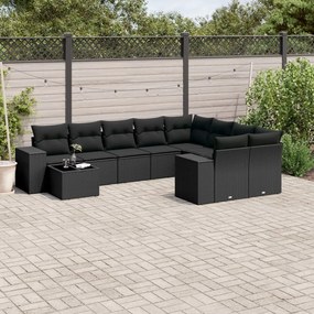 10 pcs conjunto sofás de jardim c/ almofadões vime PE preto