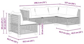 5 pcs conjunto sofás de jardim c/ almofadões vime PE cinzento