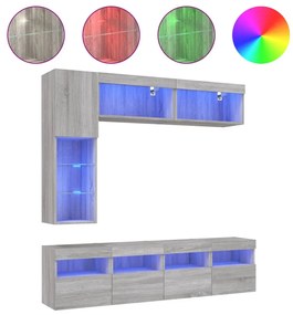 7 pcs conj. móveis de parede p/ TV c/ luzes LED cinzento sonoma