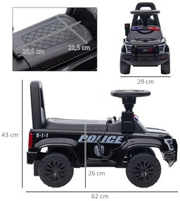 HOMCOM Carro Andador de Policia para Bebé de 18-60 Meses Carro sem Pedais com Buzina Megafone Compartimento de Armazenamento e Encosto Removível 62x29x43cm Preto
