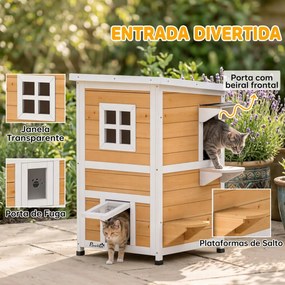Casa de Madeira para Gatos de Exterior 2 Níveis com 3 Portas e Janela Amarela