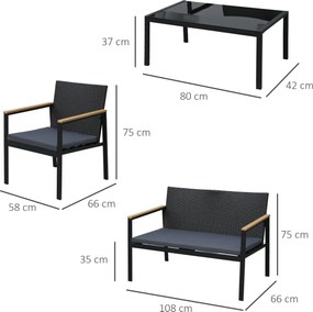 Conjunto de Móveis de Vime e 4 Peças com Almofadas Acolchoadas 2 Poltr