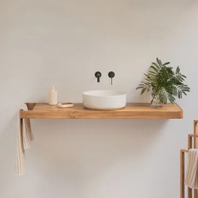 Conjunto De Móvel De Casa De Banho 130x45 Cm Suspenso Em Madeira De Teca Neill Madeira De Teca & Cerâmica Redonda Branca Ø40 Cm Lenka & - Sklum