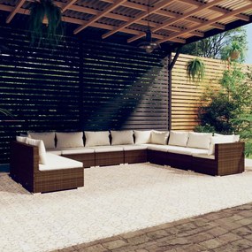 vidaXL 10 pcs conjunto lounge jardim c/ almofadões vime PE castanho
