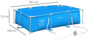 Outsunny Piscina Desmontável Tubular 291x190x75cm com Depuradora de Cartucho Piscina Retangular de Exterior para Adultos e Crianças 3600L Azul