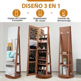 Espelho Guarda Joias rotativos 360° com luzes LED Espelho de corpo inteiro Com Estante 54,5 x 161 cm Castanho