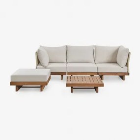 Conjunto De Sala De Estar Com Sofá Modular De 3 Peças Com 2 Poltronas De Canto, Mesa De Centro E Pufe Em Madeira De Acácia Daili Castanho Acácia -