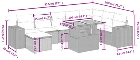 9 pcs conjunto sofás p/ jardim com almofadões vime PE cinzento