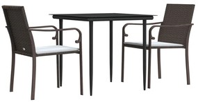 3 pcs conjunto de jantar p/ jardim c/ almofadões vime PE e aço