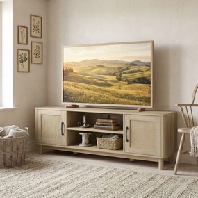 Móvel de TV 135 x 39 x 45 cm, móvel para televisores até 65 polegadas com 2 portas em rattan, 2 compartimentos abertos, cor carvalho