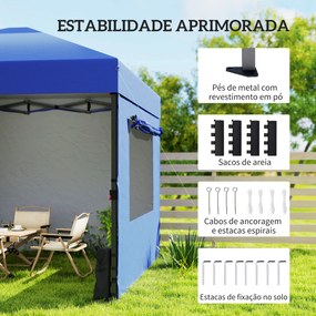 Tenda Dobrável 3x3 m Pop-up com 3 Paredes Laterais 2 Janelas em Malha UPF50+ Altura Ajustável 3 Níveis Azul