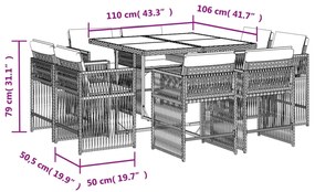 9 pcs conjunto de jantar p/ jardim c/ almofadões vime PE preto