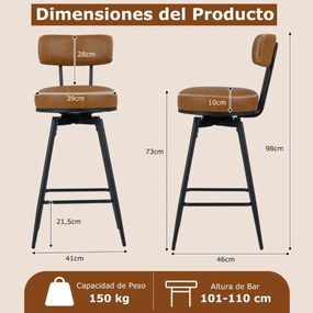 Conjunto de 2 Bancos de bar giratórios modernos 46 x 41 x 98 cm, encosto almofadado, apoio para os pés, pernas metálicas, couro sintético com costuras