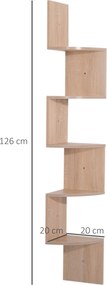 Estante de canto de parede para arrumação, em forma de ziguezague, 20 L x 20 L x 126 A cm, 5 prateleiras, madeira de carvalho claro