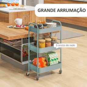 Carrinho Auxiliar de 3 Níveis com Rodas Carrinho de Armazenamento Deslizante para Cozinha Sala 45x30.6x79 cm Azul Claro