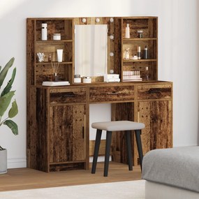 Conjunto de Mesa de Maquiagem 3 Peças MDF Madeira Envelhecida