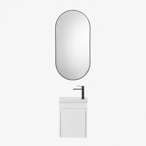 Conjunto De Móvel De Casa De Banho Suspenso Em Madeira Com Lavatório Integrado Narek Branco & Ovale Led E Antifog Preto 50x100 Cm Asteiro & Preto Mate