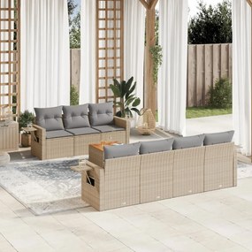 8 pcs conj. sofás jardim c/ almofadões vime PE bege misturado