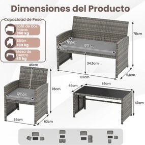 Conjunto de Jardim, 4 peças em rattan com almofadas e tampo em vidro temperado, para jardim, alpendre ou varanda, cinzento