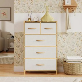 Comoda com 5 gavetas 58 x 30 x 94 cm para quarto em bambu com 5 gavetas dobráveis em tecido e prateleira superior natural