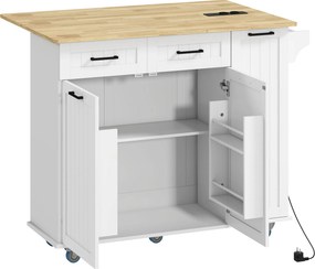 Carrinho de Cozinha, Ilha de Cozinha com Rodas com Tomada USB Bancada Rebatível 2 Gavetas 119,5x74x94,5 cm Branco