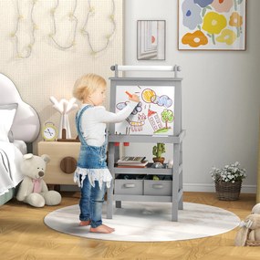 Cavalete de Pintura Infantil 3 em 1 Quadro Dupla Face com Rolo de Papel e Cestos de Arrumação Cinzento