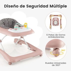 Andarilho dobrável para bebés 0-24 meses Centro de actividades com 3 alturas ajustáveis Assento almofadado Andarilho com rodas Rosa