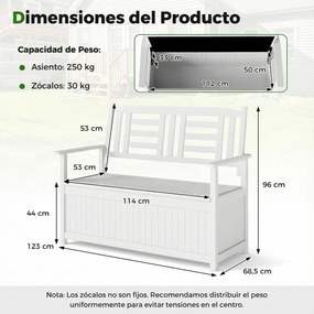 Banco jardim 123 x 68,5 x 96 cm com armazenamento para pátio com 185 L para 2 pessoas com encosto e braços branco