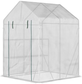 Estufa de Jardim 143x143x195 cm Estufa de Aço com 2 Prateleiras e Porta Enrolável para Cultivos de Plantas Vasos de Flores Pátio Exterior Branco