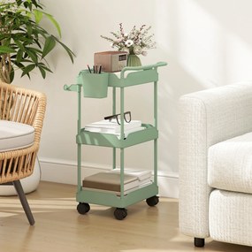 Carrinho Auxiliar com Rodas de 3 Níveis com Cestos Extraíveis Suporte para Toalhas e Estrutura de Metal 42x42,5x76 cm Verde