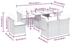 9 pcs conjunto de sofás p/ jardim com almofadões vime PE bege