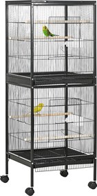 Gaiola para Pássaros com Rodas de 2 Níveis  com Bandejas Removíveis Portas Comedouros Poleiros 51,5x50x140 cm Preto
