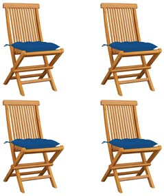 vidaXL Cadeiras de jardim c/ almofadões azuis 4 pcs teca maciça