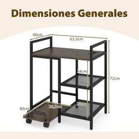 Suporte para impressora 63,5 x 40 x 72 cm com estação de carregamento de 3 níveis com rodas bloqueáveis Castanho